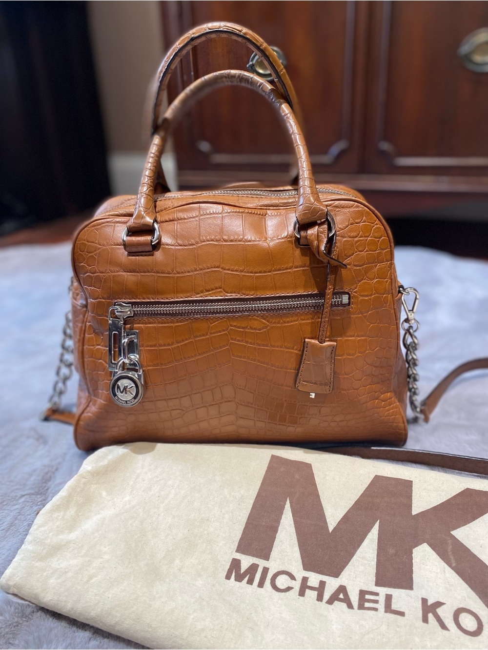 Michael Kors Croc-Embossed Satchel in Cognac Brown